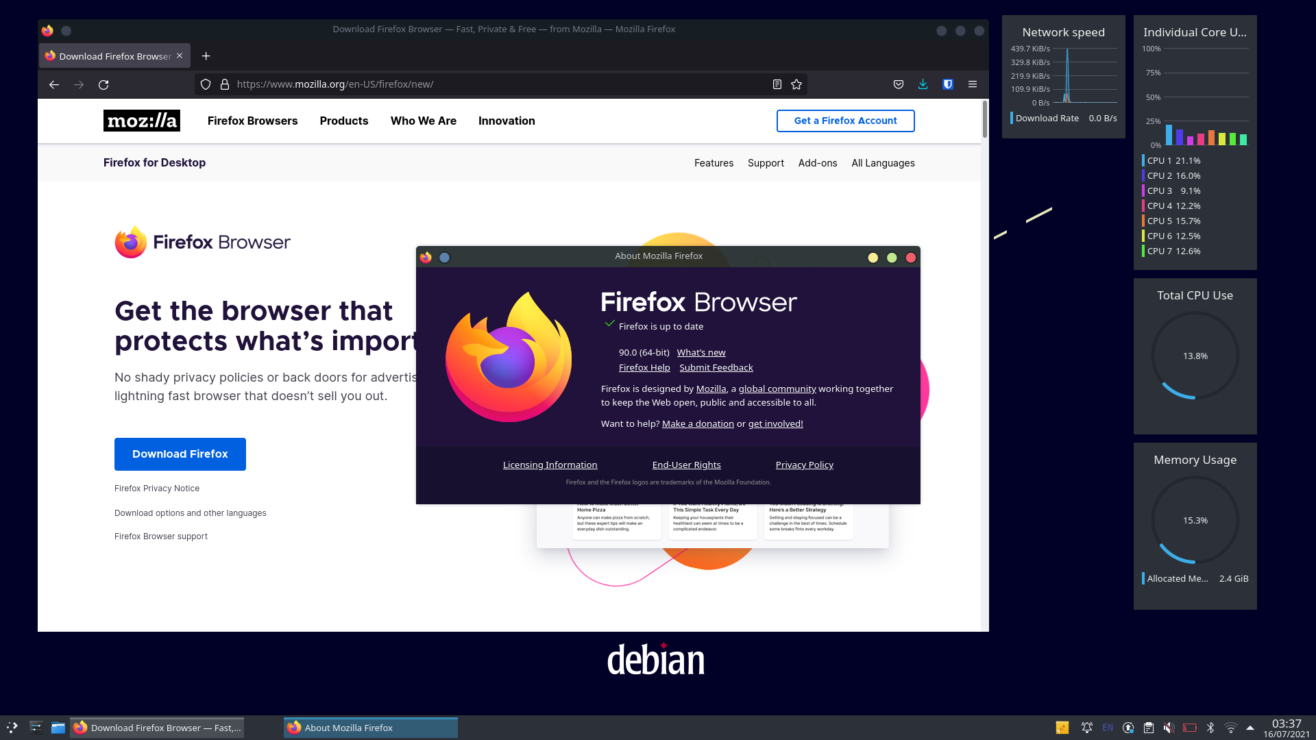 Mozilla Firefox 90.0 running on Debian