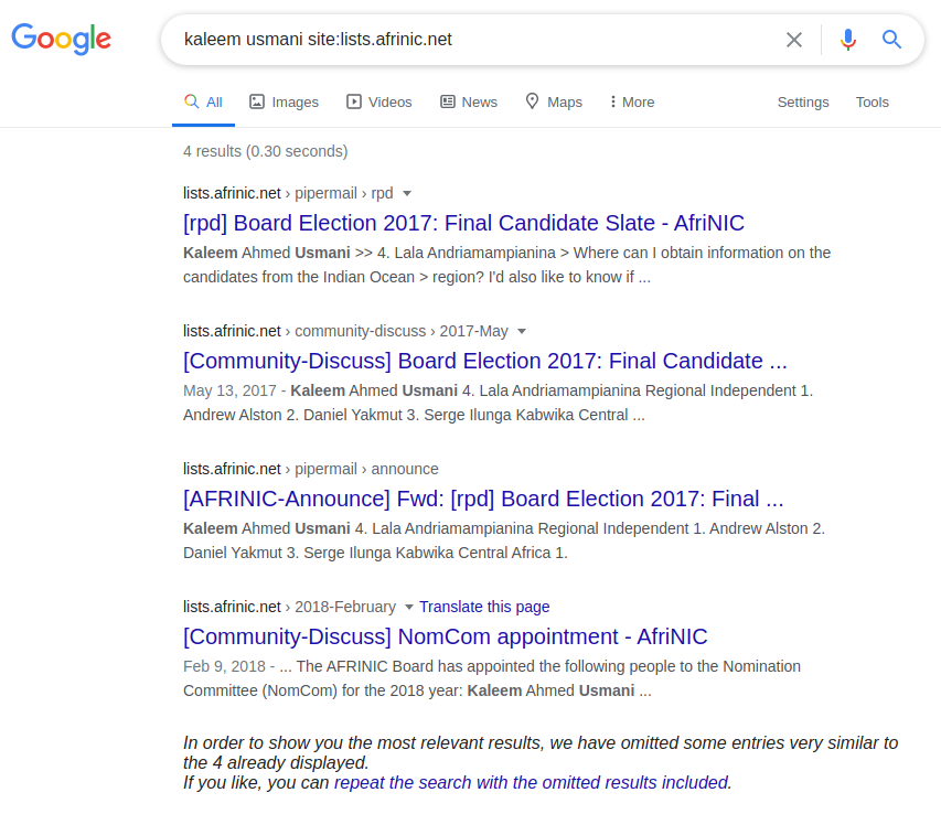 Google search result screenshot - Kaleem Usmani's zero partition in the AFRINIC mailing lists