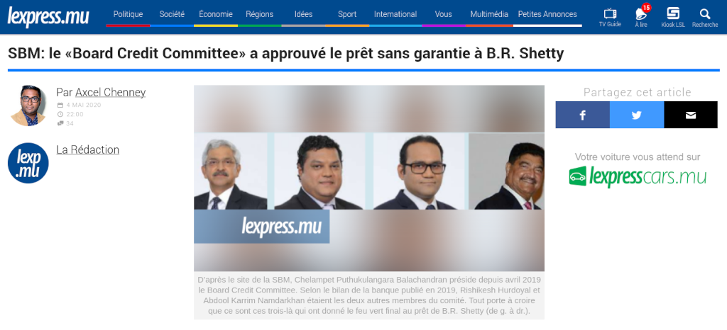 Screenshot from lexpress.mu - SBM scandal