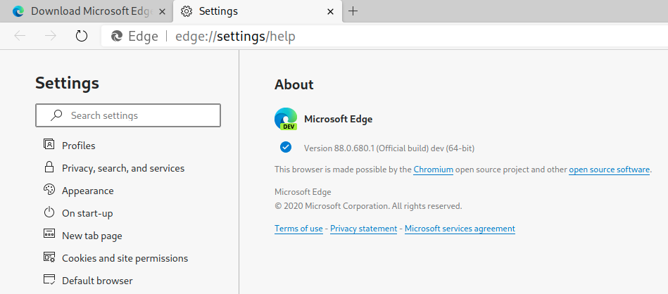 Microsoft Edge build version 88.0.680.1