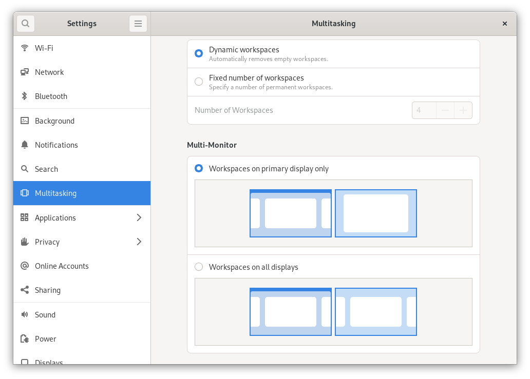 Multitasking panel in the GNOME Control Centre