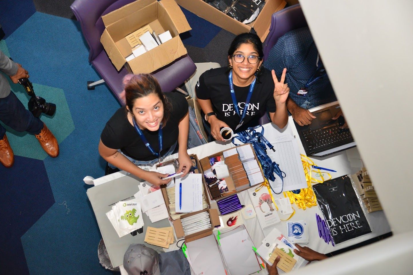 Nirvan's brown shoes, Marine & Shelly at the registration desk