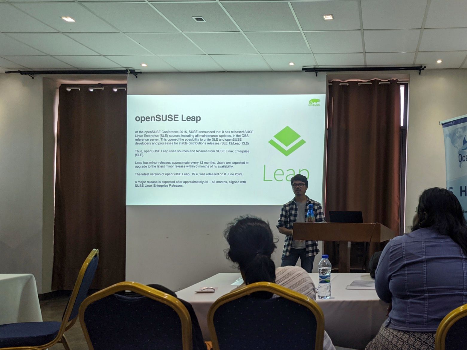 Ish Sookun talking about openSUSE Leap, photo by Neil Baichoo