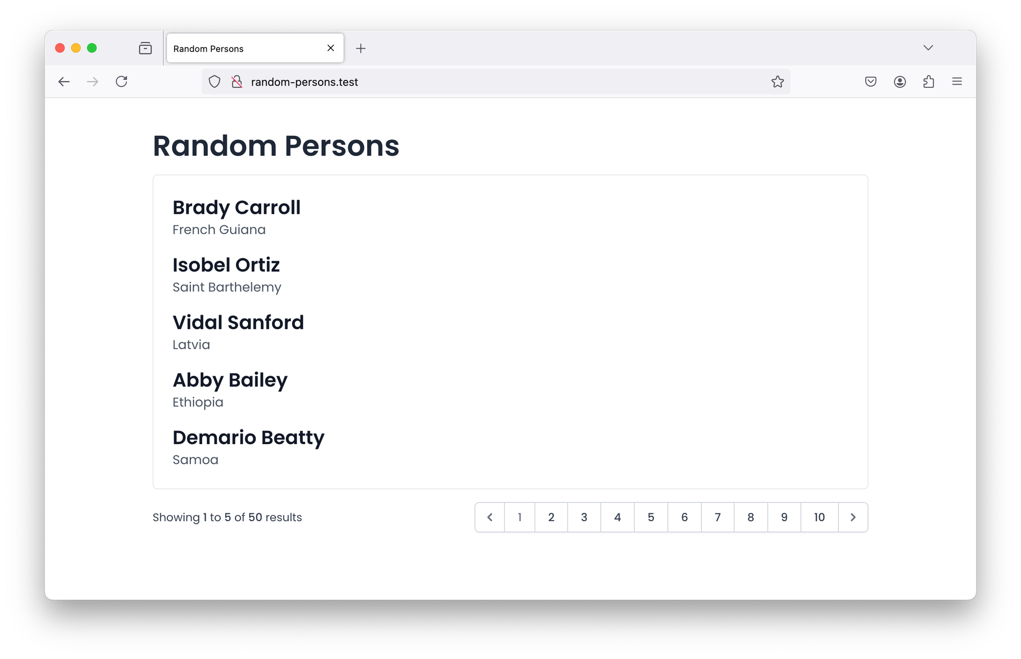 Screenshot of the 'Random Persons' Laravel application